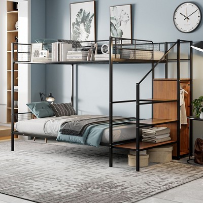 CAVINAS Twin Bunk Beds for Kids, Metal Twin Bed Frame with Drawer and Lateral Storage Ladder and Wardrobe for Bedroom, Living Room