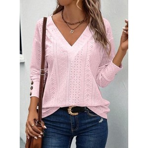 Women's V Neck Lace Up Long Sleeve Drop Shoulder Button Detail Casual T-Shirt - 1 of 3