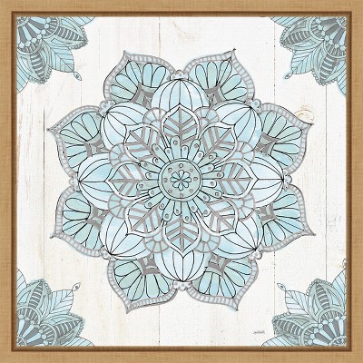 16-inch Blue and Gray Abstract Mandala Canvas Print with Natural Frame