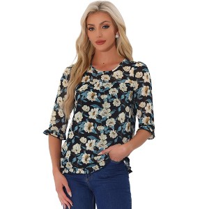 INSPIRE CHIC Women's Round Neck Ruffle 3/4 Sleeve Floral Print Chiffon Blouse - 1 of 4