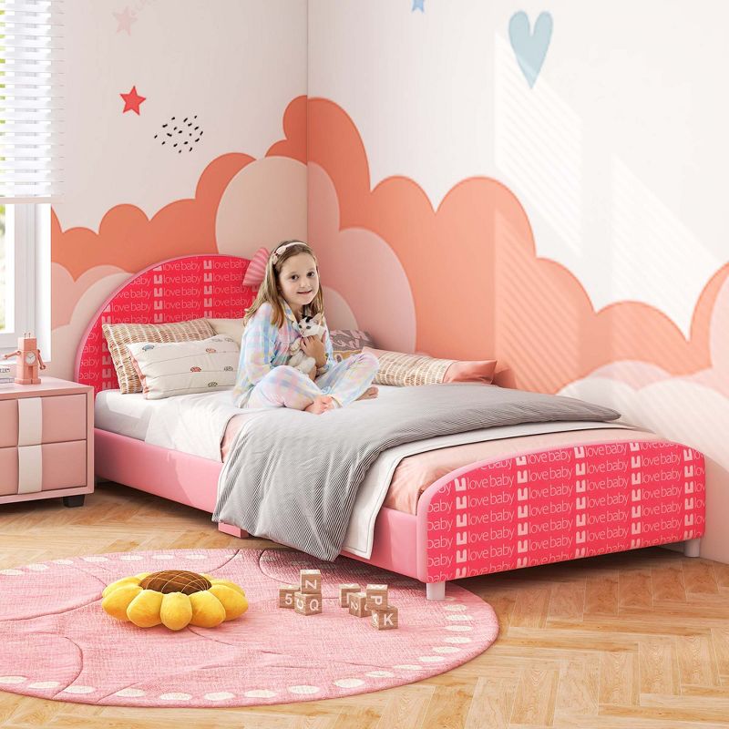 Honeyjoy Children Twin Size Upholstered Platform Single Bed with Headboard & Footboard Pink, 2 of 11