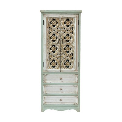 Rustic Wooden Cabinet with Carved Door, Distressed Finish, 1Door 3 Drawers, Vintage Home Decor, 1pc