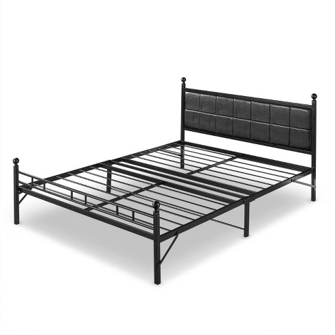 Sumit Metal Platform Bed With Detailed Faux Leather Square Stitched Upholstered Headboard Black Zinus Target