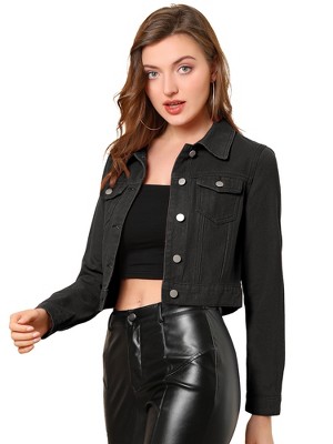Allegra K Women's Solid Cropped Button-Down Plaid Cuffs Jean Jacket with Pockets