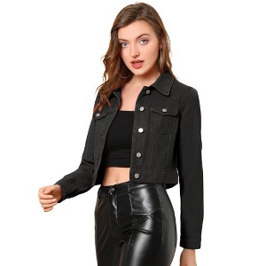 Allegra K Women's Solid Cropped Button-Down Plaid Cuffs Jean Jacket with Pockets - 1 of 4