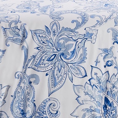 Full/Queen Blue and White Cotton Floral Paisley Duvet Cover Set