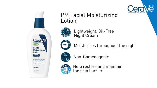 CeraVe PM Facial Moisturizing Lotion, Night Cream for All Skin Types, 2 of 25, play video