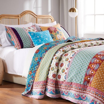 Bohemian Twin-Sized Blue Cotton Quilt Set with Velvet Embellishment
