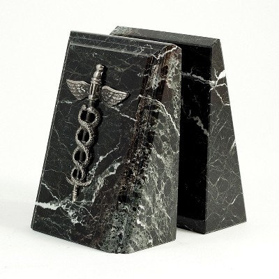 Bey-Berk Marble Fancy Beveled Medical Caduceus Book Ends 7.25"H Antique Silver/Black (R19M)