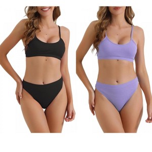 INSPIRE CHIC Women's Adjustable Spaghetti Straps Ribbed High Waist Bottoms Swimwear Bathing Bikini Suits 2 Sets - 1 of 4