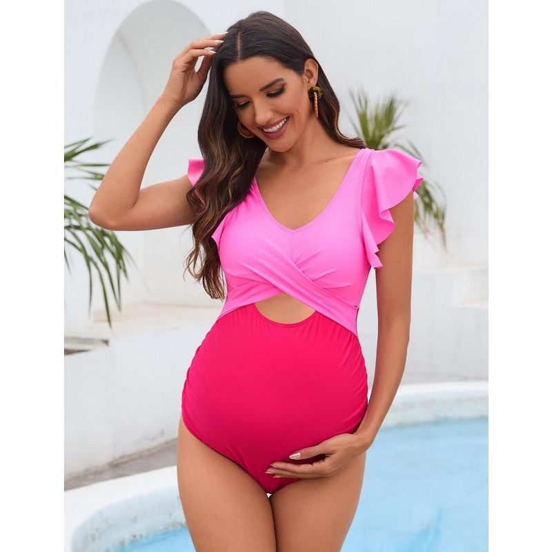 Ruffle Maternity Swimsuit One Piece High Waisted Pregnancy Bathing Suits Push Up Swimwear, 4 of 7