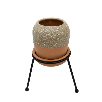 Splatter Planter, Saucer & Stand Black Metal & Tan Terracotta by Foreside Home & Garden