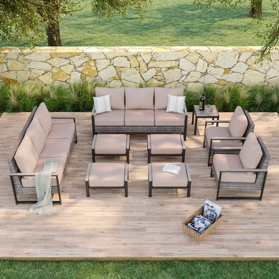 Sonkuki Outdoor Furniture Set Patio Conversation Sofa with Coffee Table Set, All-Weather PE Rattan Couch with Cushion