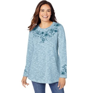 Woman Within Plus Size Floral Embroidered Sweatshirt Tee - 1 of 4