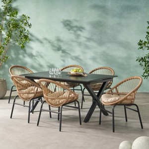 GDFStudio Benway Outdoor Wicker and Aluminum 7 Piece Dining Set with Cushion, Light Brown/Black - 1 of 4
