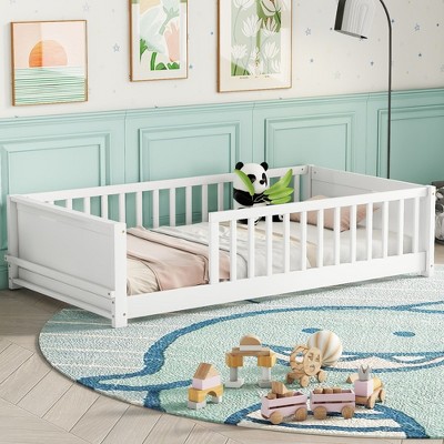 NicBex Twin Size Wood Montessori Bed with Built-in Book Storage Rack,Floor Bed with Safety Guardrails,Modern Toddler Bed for Bedroom,White