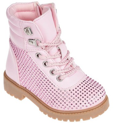 bebe Toddler Girl's Short Lace-up Ankle Combat Boots with Quilted Collar and Heatseal Rhinestones