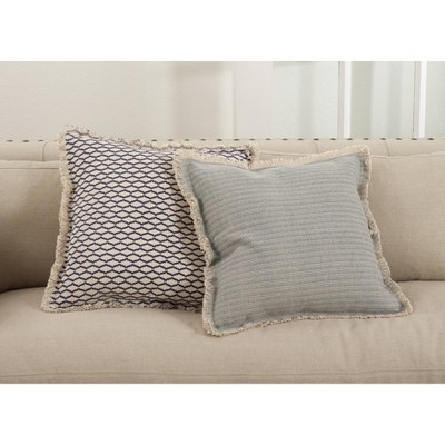 Canberra 20" Blue Grey Fringed Pinstriped Cotton Throw Pillow