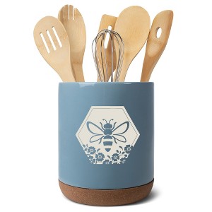 Elanze Designs Bee Honeycomb Flowers Arrangement Hive Ceramic Cork Bottom Sky Blue Large Capacity Utensil Holder Crock for Countertop Storage, Stylish - 1 of 4