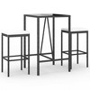 vidaXL - 3 Piece Patio Bar Set with Cushions Black Poly Rattan/Stylish Garden Pub Table and Stools/Tempered Glass Top/Weather-Resistant for Patio - 2 of 4