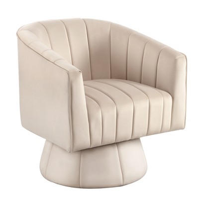 Beautyolove Modern Beige Velvet Upholstered Comfy Swivel Barrel Chair with Tufted Back and Solid Wood Base