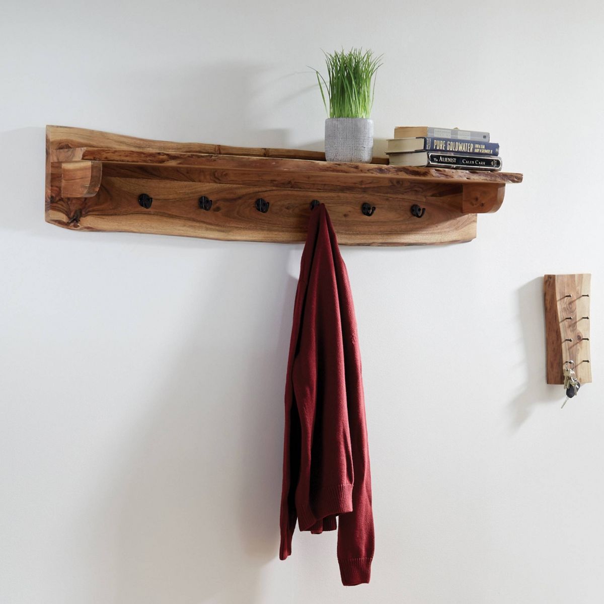 Alaterre Furniture Alpine Natural Brown Live Edge Wood Coat Hooks with Shelf - thumbnail 9