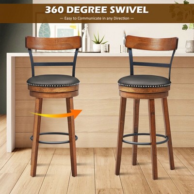 Brown Swivel Bar Stool with Leather Seat and Wood Legs