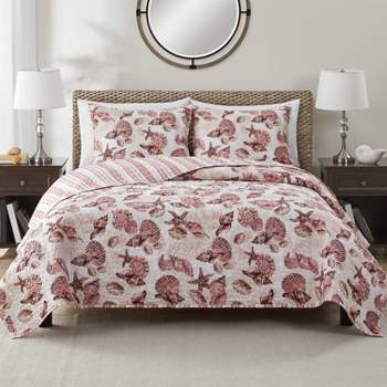 Vcny 3pc Full/queen Home Coastal Printed Sealife Quilt Set Coral