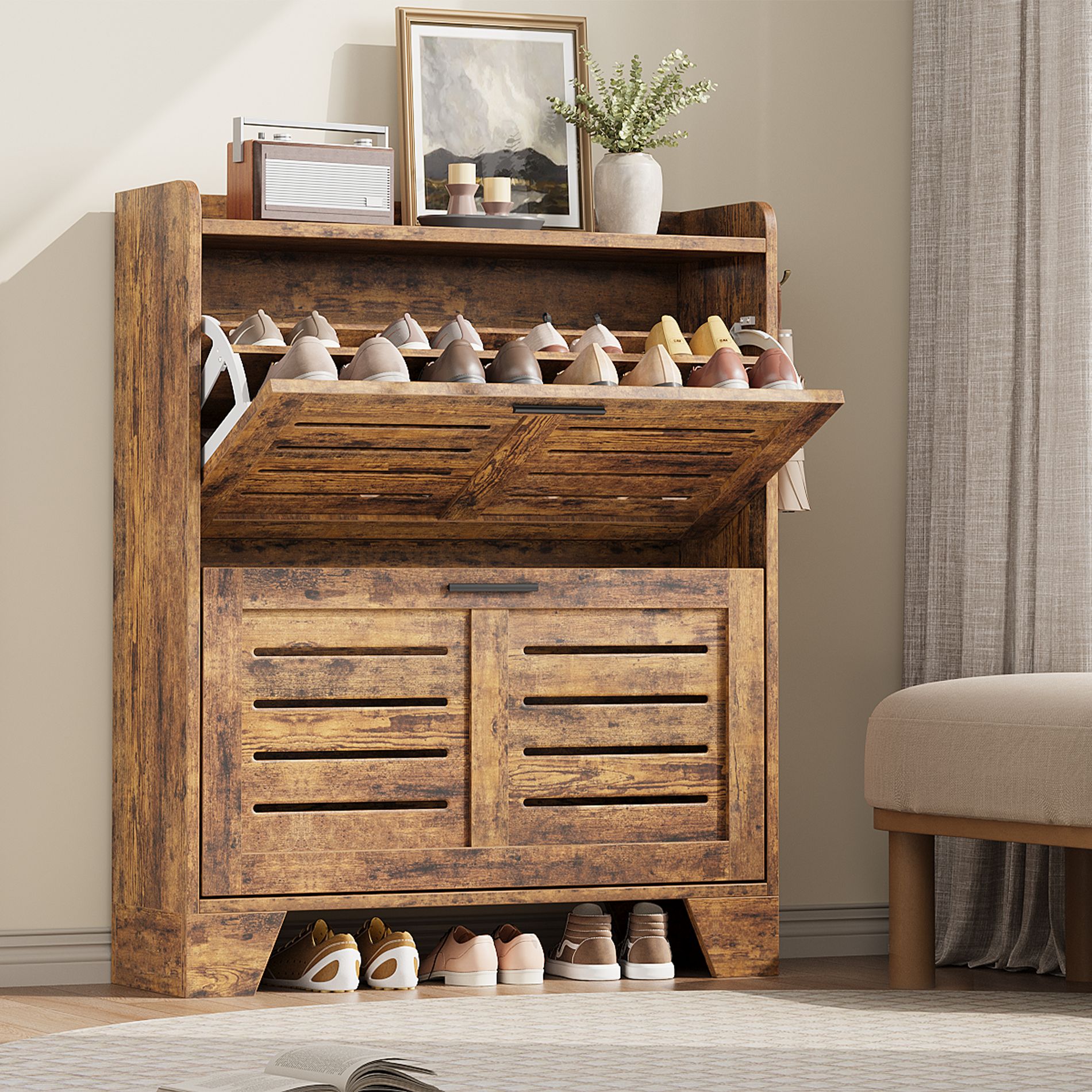 Slim Shoe Storage Cabinet, Narrow Shoe Organizer Cabinet Entryway Cabinet with 2 Flip Drawer Hidden Shoe Cabinet Rustic Brown