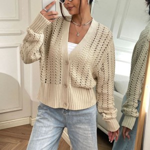Coolmee Women's Crochet Cardigan Sweater Lightweight Cardigan Hollow Out Sweater Long Sleeve Button Down Knit Top - 1 of 4