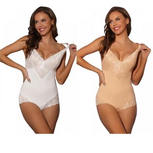 Allegra K Women's Lace Adjustable Straps Tummy Control Backless V Neck Body Shapers 2 Packs - 1 of 4