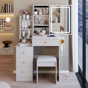 Okak Makeup Vanity with Sliding Mirror, Multi Layer High Capacity Storage, 4 Drawers & Stool, Dressing Table for Bedroom - 1 of 4