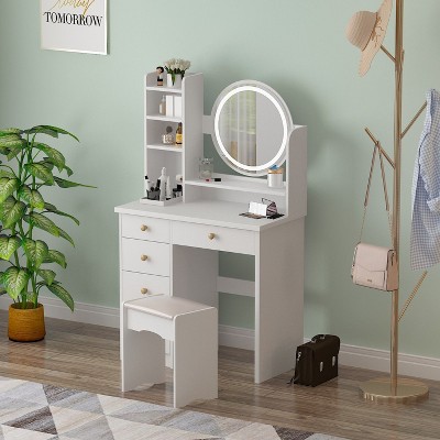 Hitow Makeup Table Set Vanity Table with Stool and Round Mirror Ring LED Strip Lights