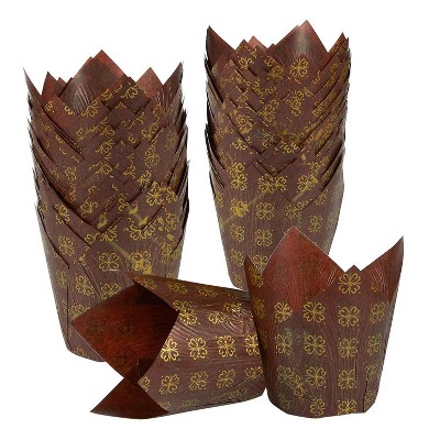 Juvale 100 Pack Tulip Cupcake Liners, Gold Floral Muffin Wrappers Paper Baking Cups (Brown, 2.2")
