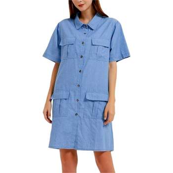Anna-Kaci Women's Short Sleeve Jean Shirt Dress Button Down