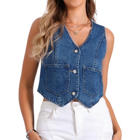 INSPIRE CHIC Women's V Neck Sleeveless Button Down with Pockets Denim Vest Medium Blue