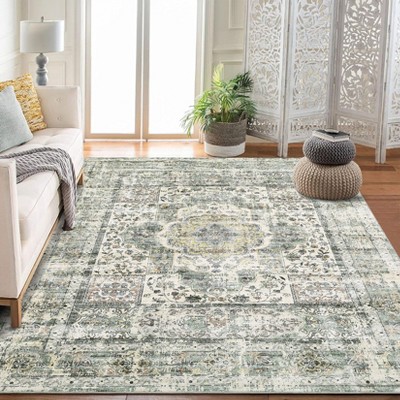 Washable Vintage Area Rug Medallion Distressed Rug Living Room Non-Slip Low Pile Bedroom Kitchen Home Office Carpet