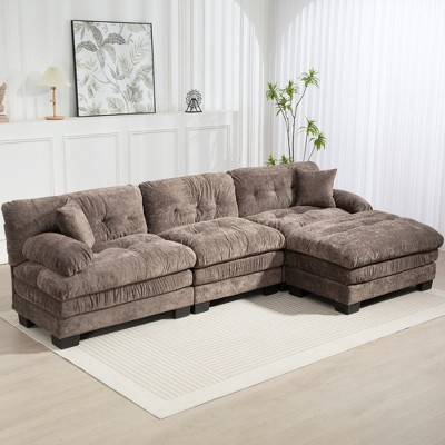 120.87" Chenille L-Shaped Modular Sectional Sofa with Deep Seating, Ottoman, Dual-Layer Cushions & Pillows