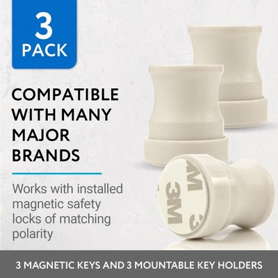 White Magnetic Safety Lock Key Set with Adhesive Holders, 3-Pack