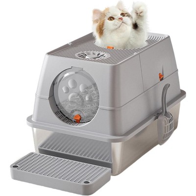 Stainless Steel Cat Litter Box with Lid 15.35'', Large Enclosed Metal Kitty Box with Removable Top & Scoop, Dog Proof, Odor Free