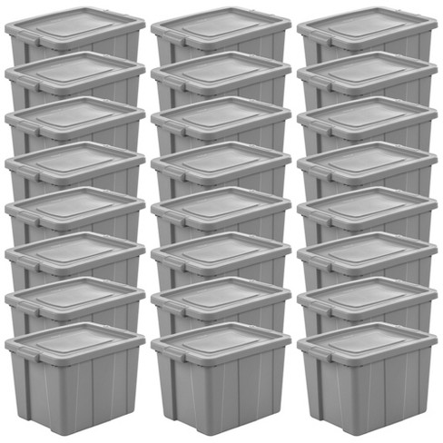 Basement storage shelves designed to perfectly fit 18-gallon bins.   Basement organization, Basement storage cabinets, Basement storage shelves