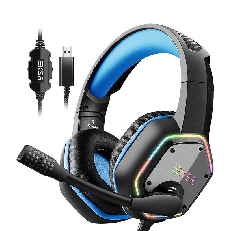 EKSA RGB Plug In USB Gaming Headset for PC, PS4, and PS5 with Microphone, Blue, and S100 Computer PC Headset with Adjustable Microphone, Black, 2 of 7