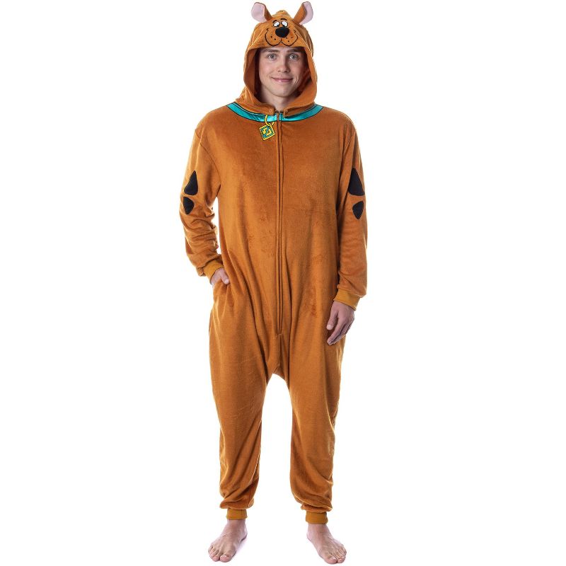 Scooby-Doo Mens' Hooded Union Suit Adult Costume Pajama Sleeper Brown, 1 of 7