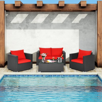 Tangkula 4PC Patio Rattan Wicker Conversation Furniture Set Sectional Sofa & Coffee Table