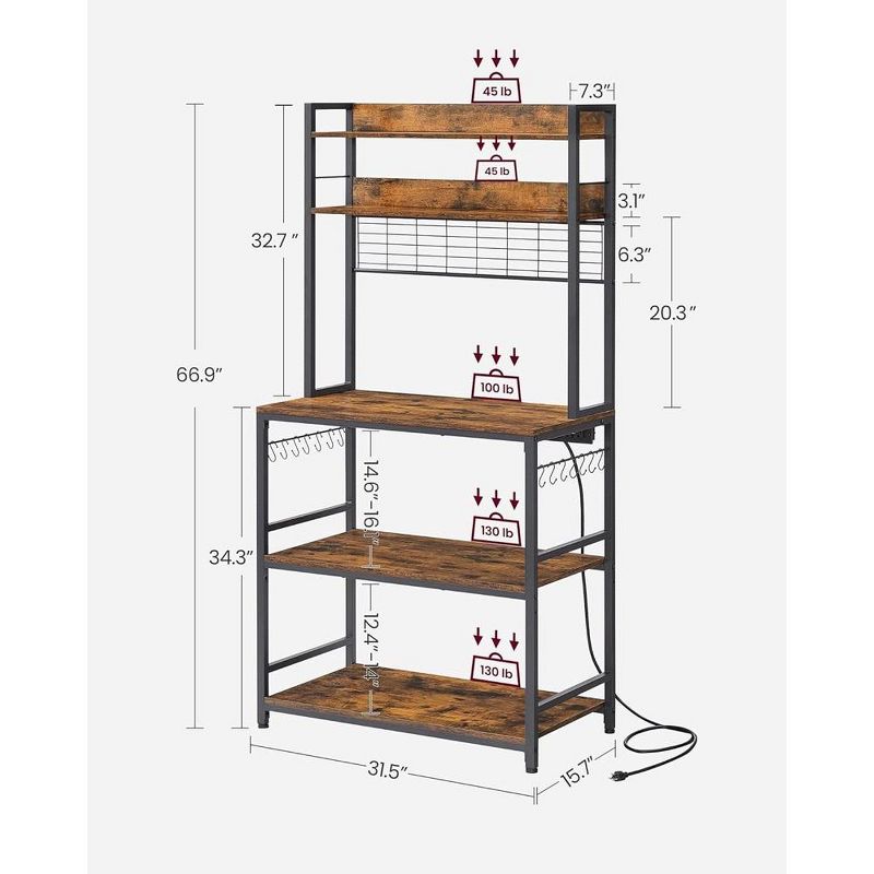 VASAGLE Hutch Bakers Rack with Power Outlet, 14 Hooks Microwave Stand, Adjustable Coffee Bar with Metal Wire Panel, Kitchen Storage Shelf, 3 of 9