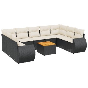 vidaXL 10 Piece Patio Sofa Set with Cushions Black and Cream Poly Rattan - 2x Corner + Table + 5x Middle - 1 of 4