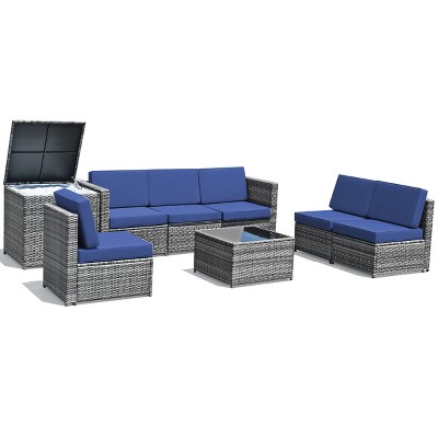 Tangkula 8-Piece Outdoor Wicker Rattan Conversation Sofa Set w/ Storage Table White/Black/Turquoise