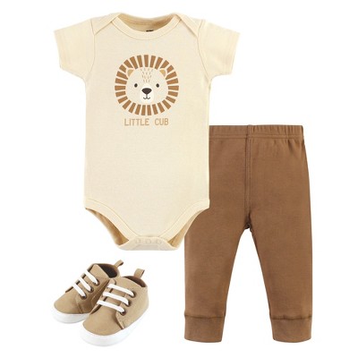 Image of Hudson Baby Infant Boy Cotton Bodysuit, Pant and Shoe Set, Brave Lion, 6-9 Months