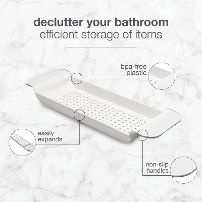 Expandable White and Blue Plastic Bathtub Tray