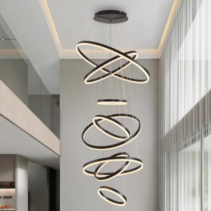 BAOURE 6-Rings Modern LED Chandelier D31.4" Gold Dimmable High Ceiling Chandelier for Dining Room with Remote Control for Entryway Staircase Foyer - 1 of 4